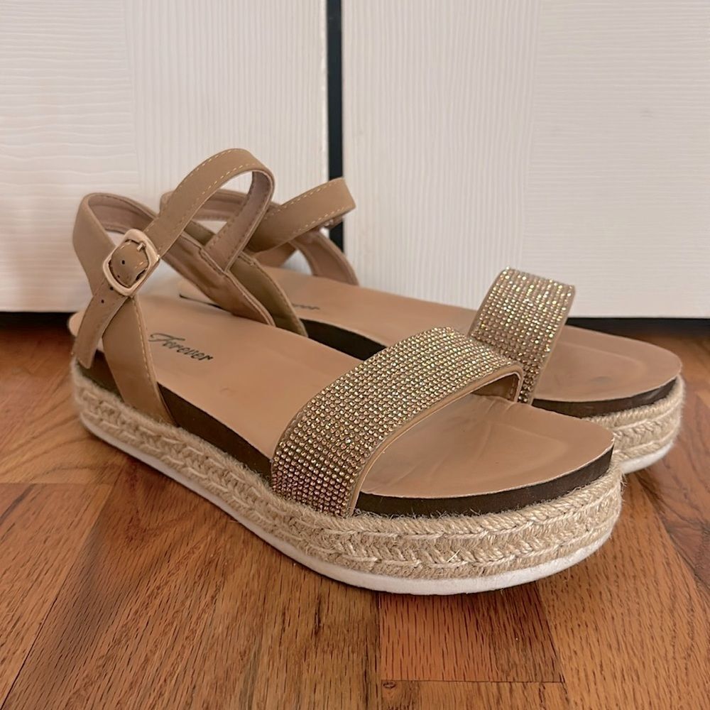 Beige Rhinestone Espadrille Platform Sandals with Ankle Strap